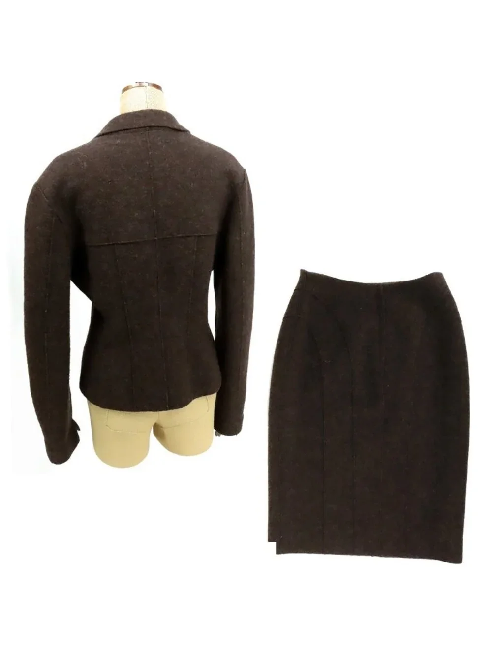 Chanel Identification Set Dark Brown Wool Jacket Skirt Vintage 40